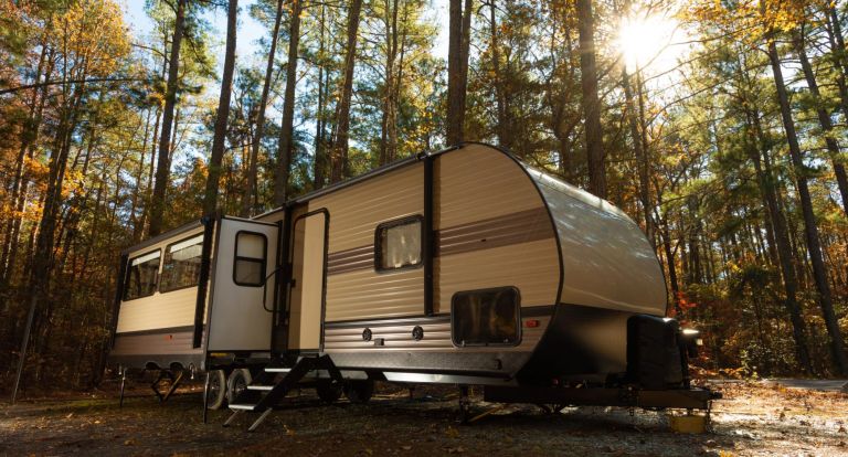 Camper trailer in late fall at Jordan Lake North Carolina