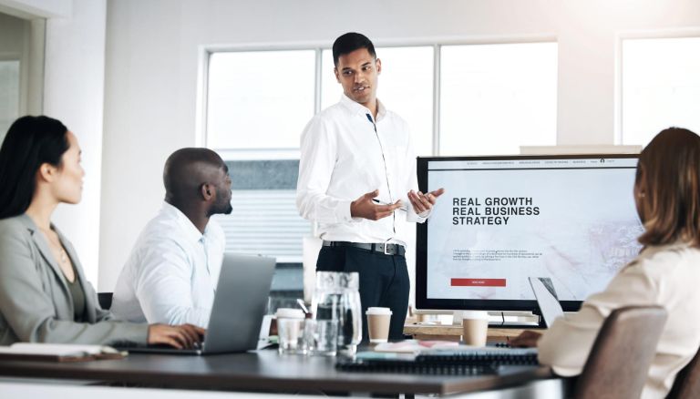 Meeting presentation, screen or businessman or speaker with company growth strategy, planning or proposal. Manager, seo mission or presenter talking to corporate people in workshop, report or seminar.