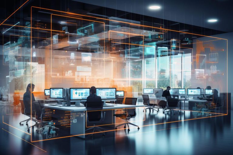 Modern neon cyberpunk open space office interior blurred with information technology overlay. Corporate strategy for finance, operations, marketing. Generative AI technology