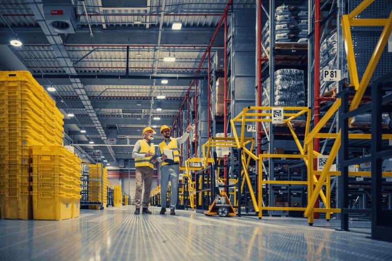 Two employees are walking at logistics center warehouse,they are using tablet. Business,people and technology concept.