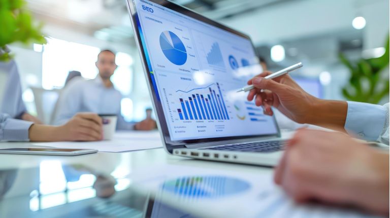 A team of marketers discussing "SEO" analytics reports in a modern office setting.