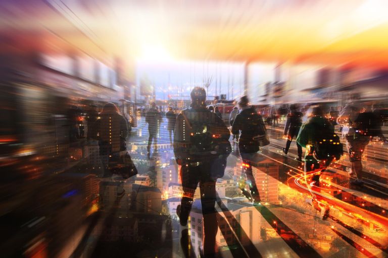 technology of machine or robot  Learning analytics identify human technology , Software  analytics and recognition people in city with flare light effect ,Artificial intelligence concept.