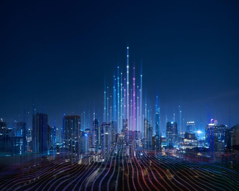 Smart city and abstract dot point connect with gradient line and aesthetic Intricate wave line design , big data connection technology concept .