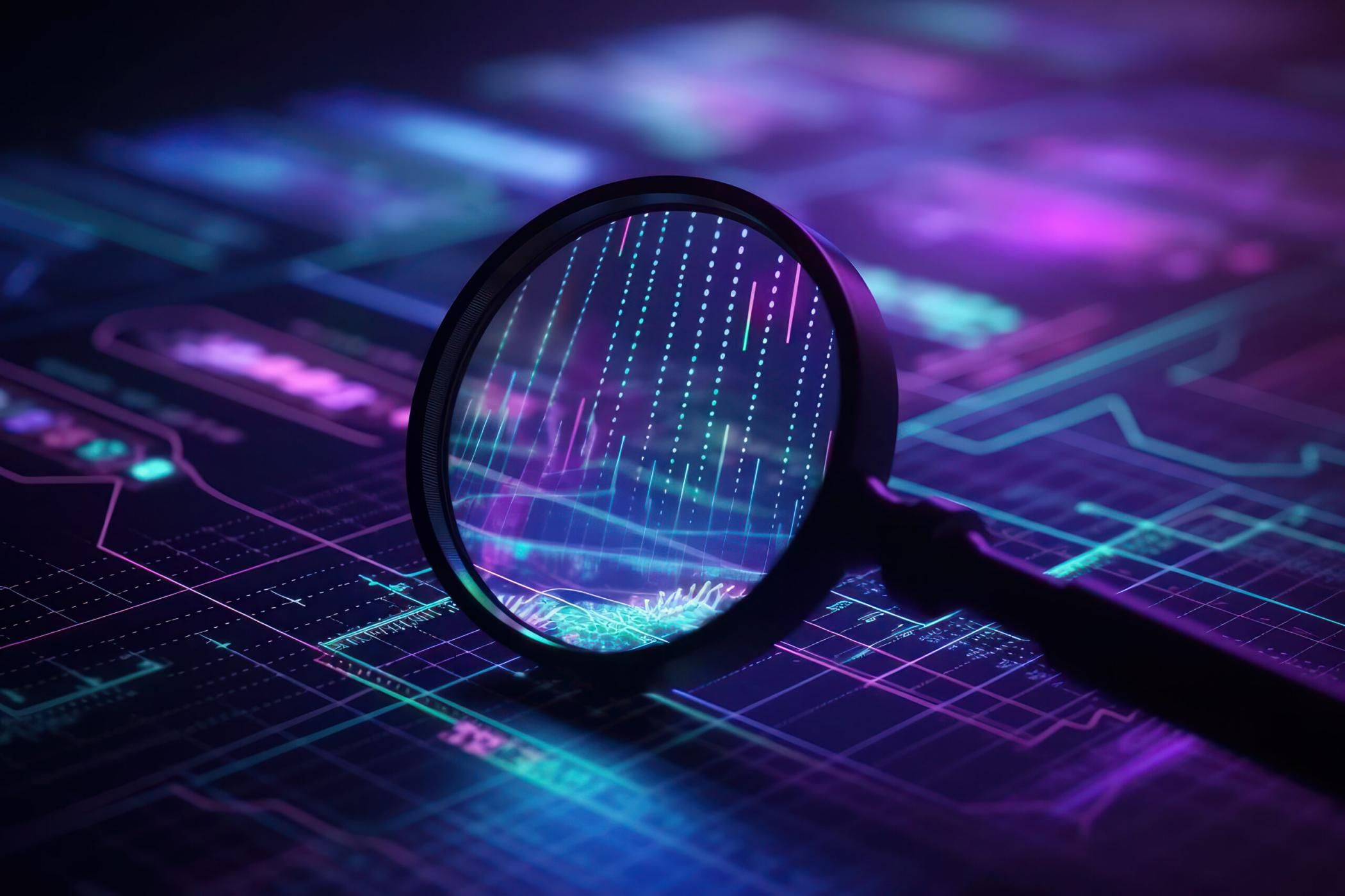 Data analysis, search engine optimization or SEO. magnifier, charts and graphs, business technology. ultraviolet and neon screen. AI generative
