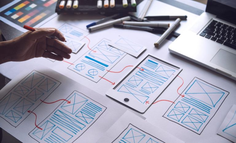 ux Graphic designer creative  sketch planning application process development prototype wireframe for web mobile phone . User experience concept.