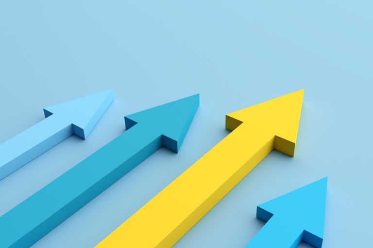 Business competition and competitive advantage concept. Progress and success. Yellow arrow leading the blue arrows. 3d render.