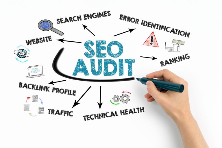 SEO Audit Concept. Chart with keywords and icons on white background.