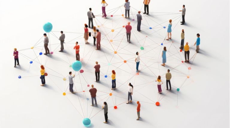 View of a crowd with a network of connections. Big data, smart city, wifi concept